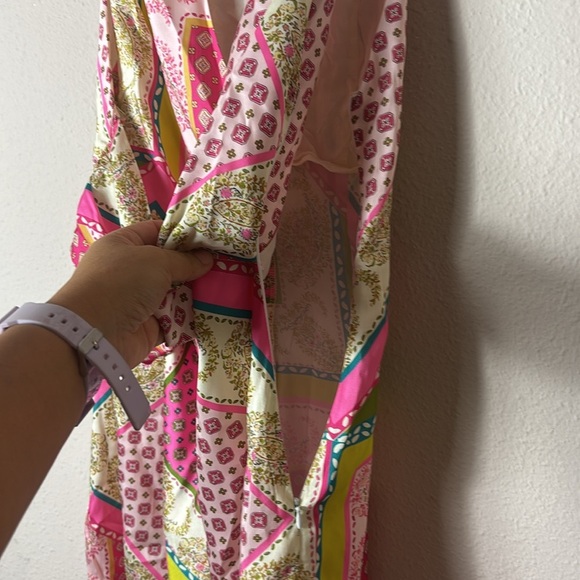 Zara Printed V-Neck Mini Dress Tie  Pink Green size M - Picture 8 of 12